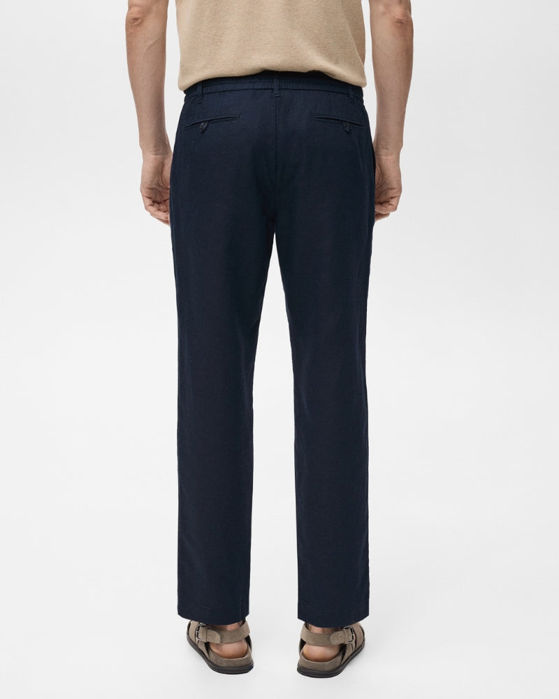 Lace-Up Pants in Cotton and Linen Blend - Navy Blue