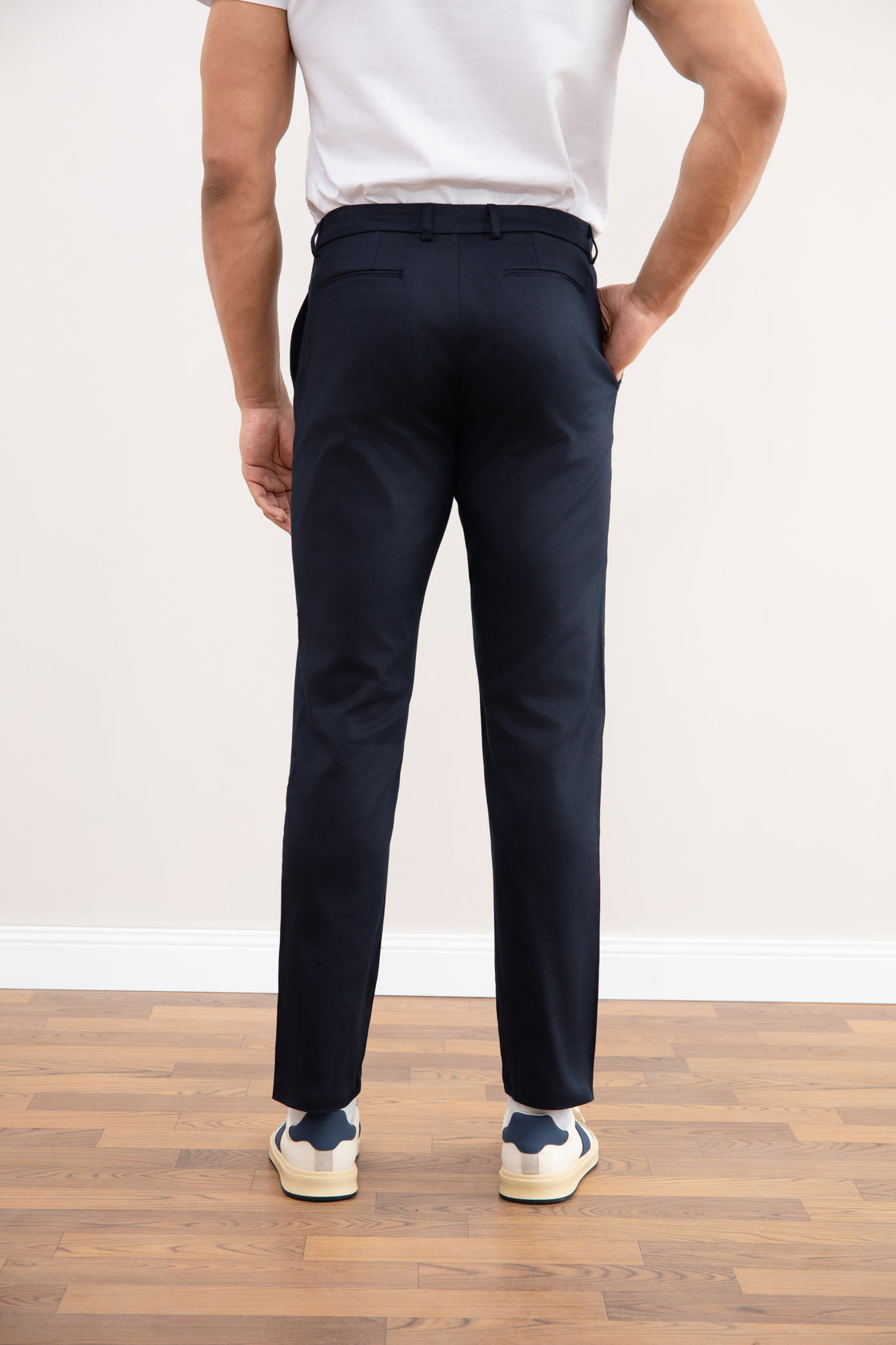 Navy blue elastic straight chinos