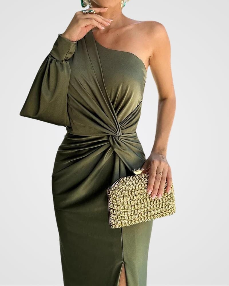 Draped One-Shoulder Satin Dress
