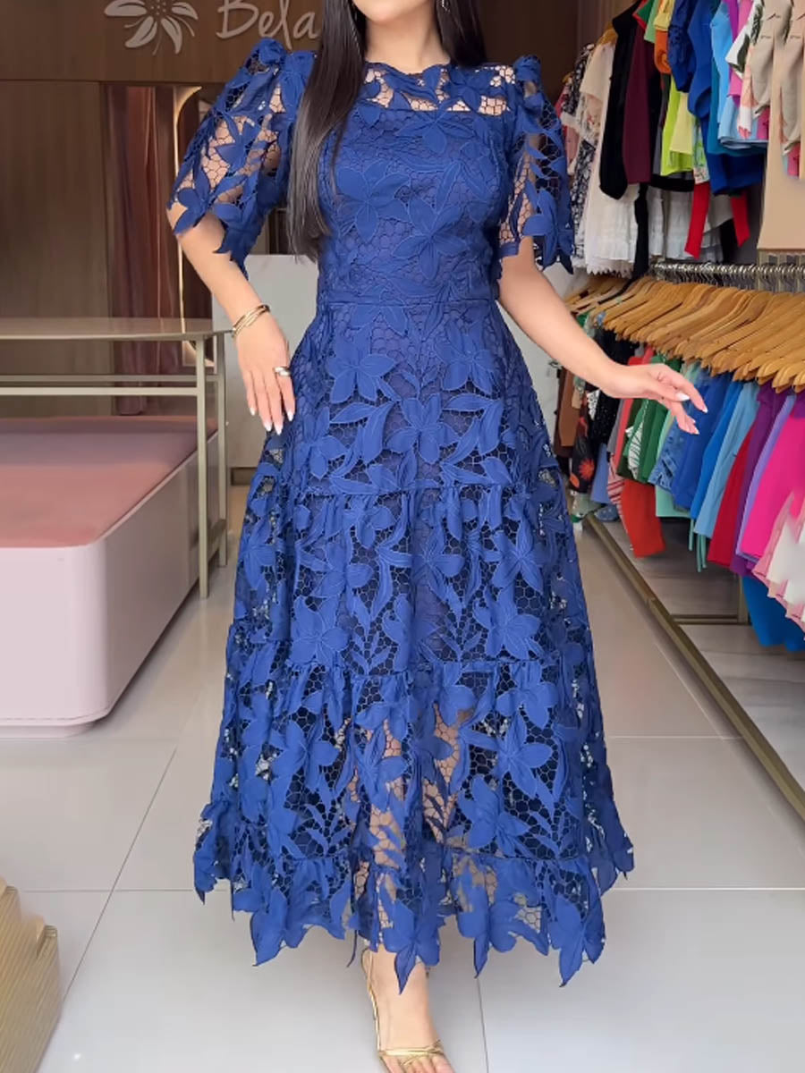 Floral Lace Midi Dress with Puff Sleeves