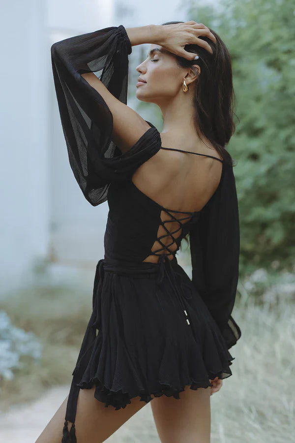 Flowy Chiffon Mini Dress with Draped Sleeves