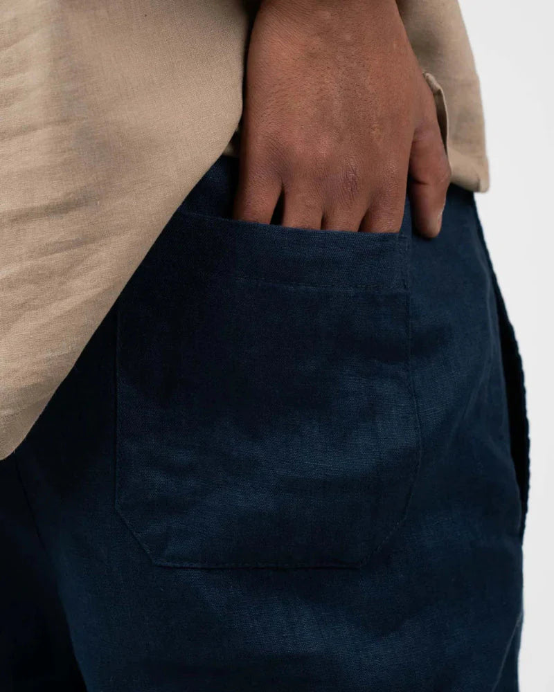 Wide-Leg Navy Blue Linen Pants