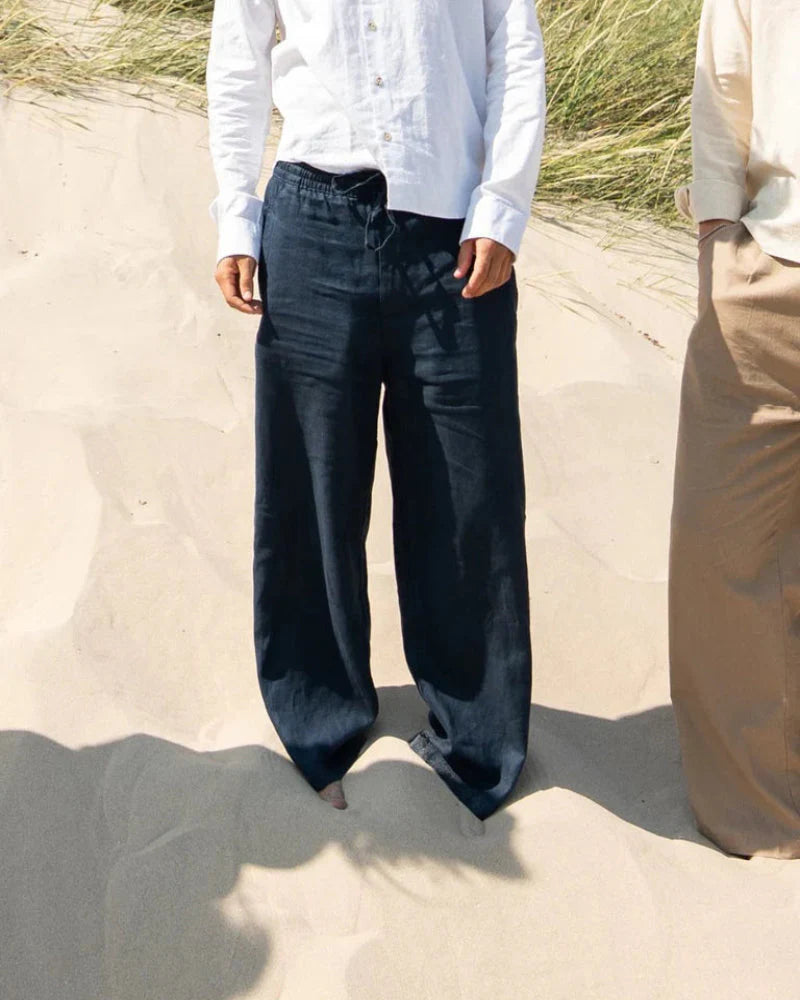 Wide-Leg Navy Blue Linen Pants