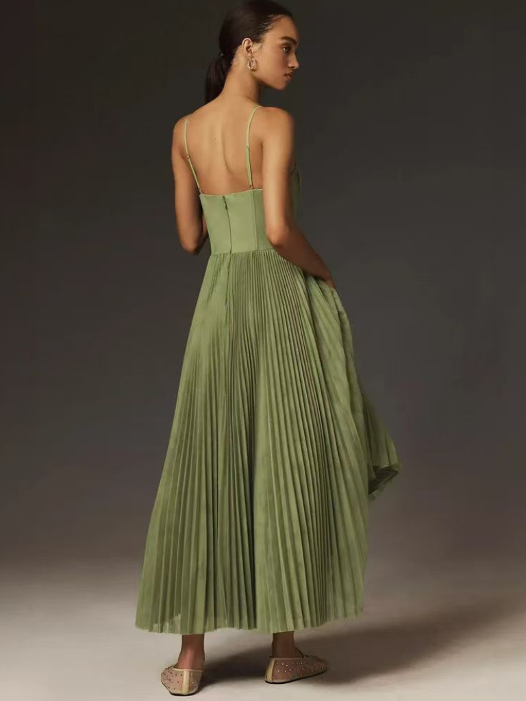 Bustier Pleated Tulle Fit & Flare Midi Dress