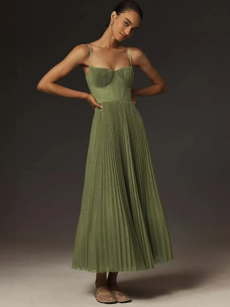 Bustier Pleated Tulle Fit & Flare Midi Dress