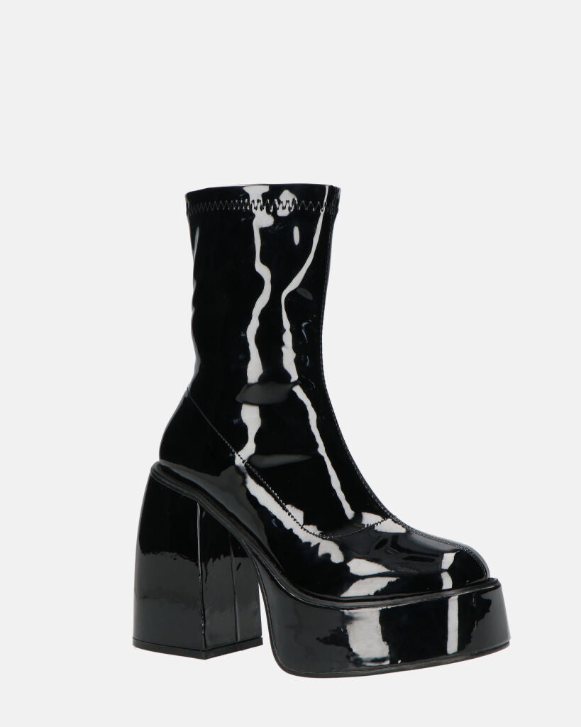 MYA - Platform Ankle Boots With High Heel In Glossy Black