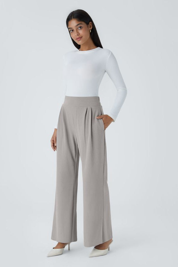 Office Wide Leg Pleated High-Waisted Pants with Side Pockets