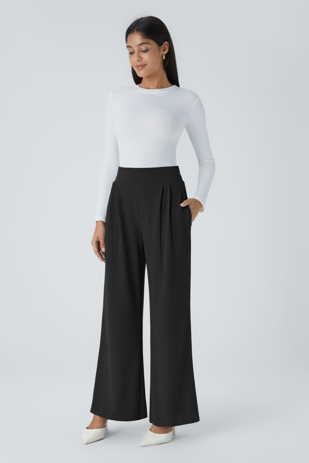 Office Wide Leg Pleated High-Waisted Pants with Side Pockets
