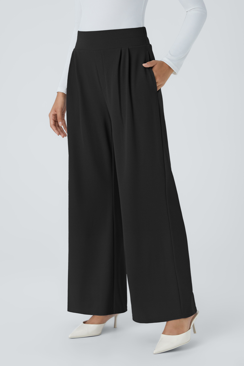 Office Wide Leg Pleated High-Waisted Pants with Side Pockets