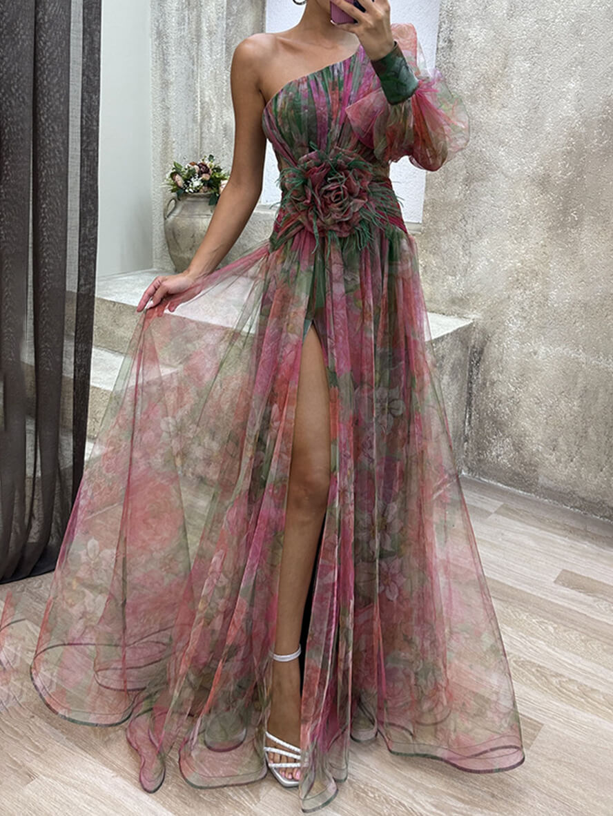 One-Shoulder Floral Tulle Gow