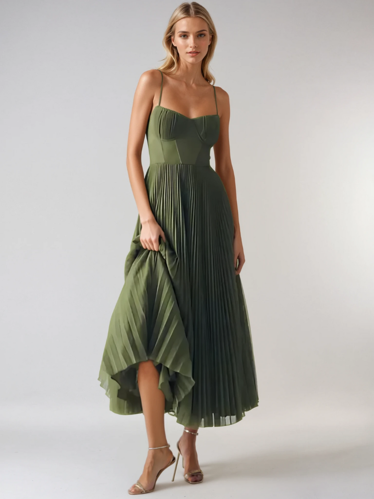 Bustier Pleated Tulle Fit & Flare Midi Dress