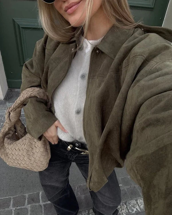 Oversized Faux Suede Bomber Jacket