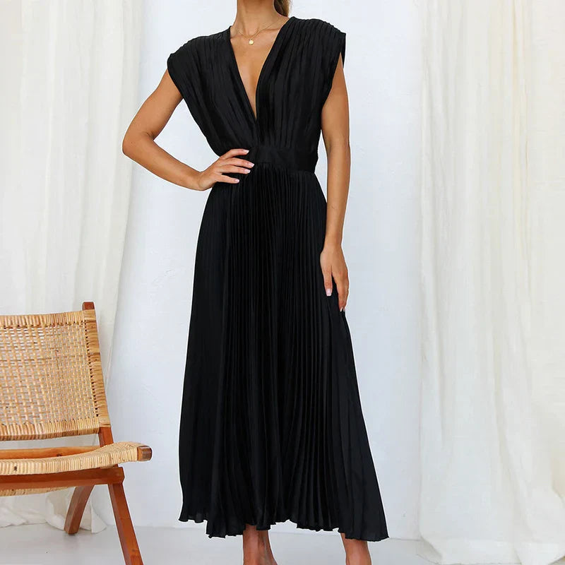 Pleated V-Neck Midi Dress