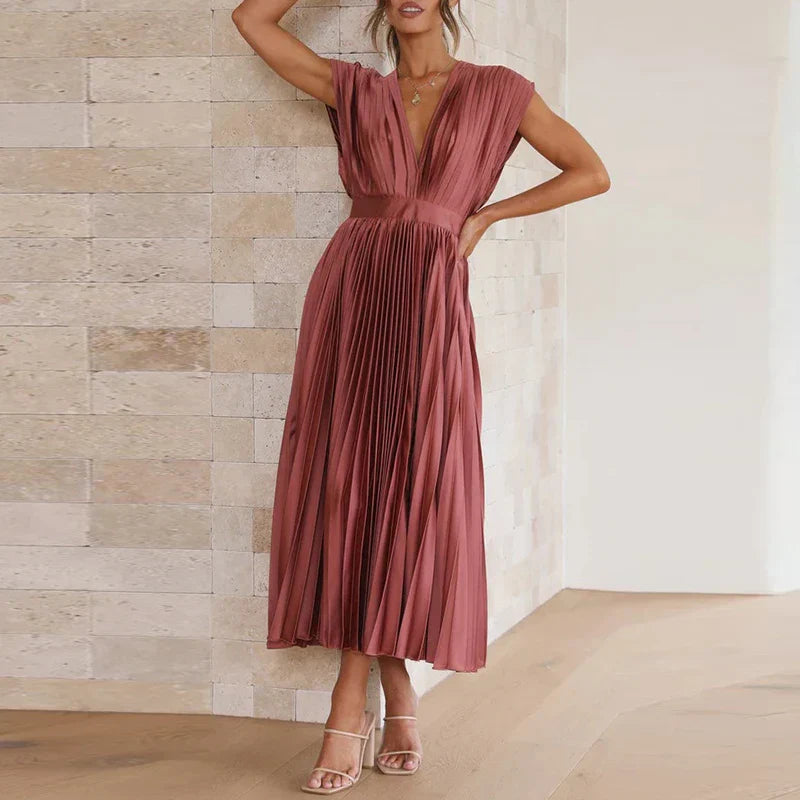 Pleated V-Neck Midi Dress