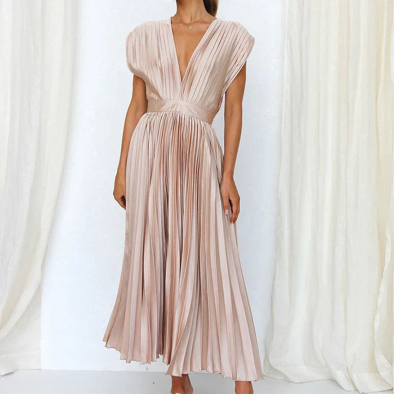 Pleated V-Neck Midi Dress