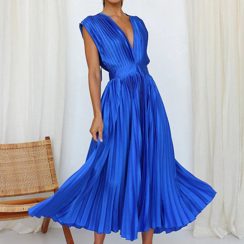 Pleated V-Neck Midi Dress