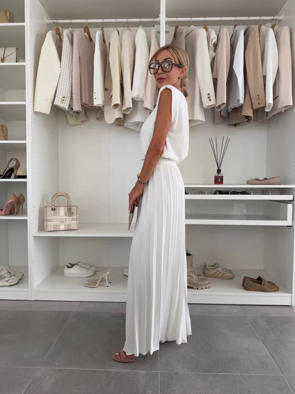 Pleated Wide-Leg Set with Shoulder Pad Top
