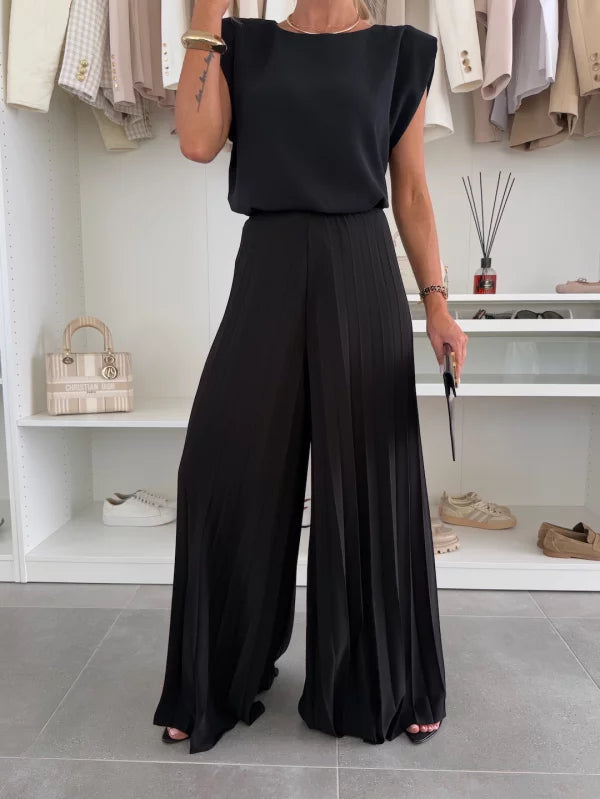 Pleated Wide-Leg Set with Shoulder Pad Top