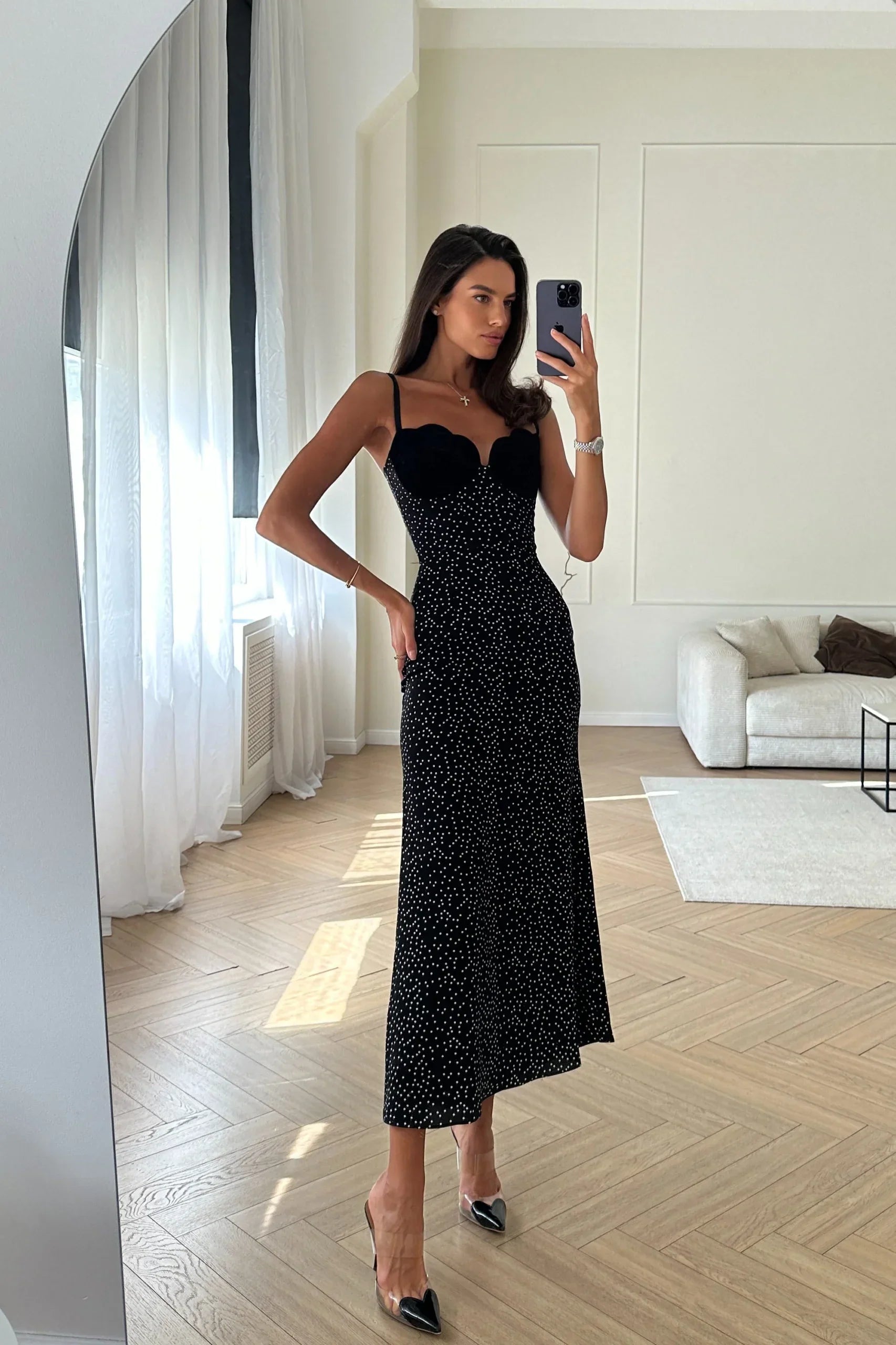 Polka Dot Midi Dress with Velvet Bust Detail