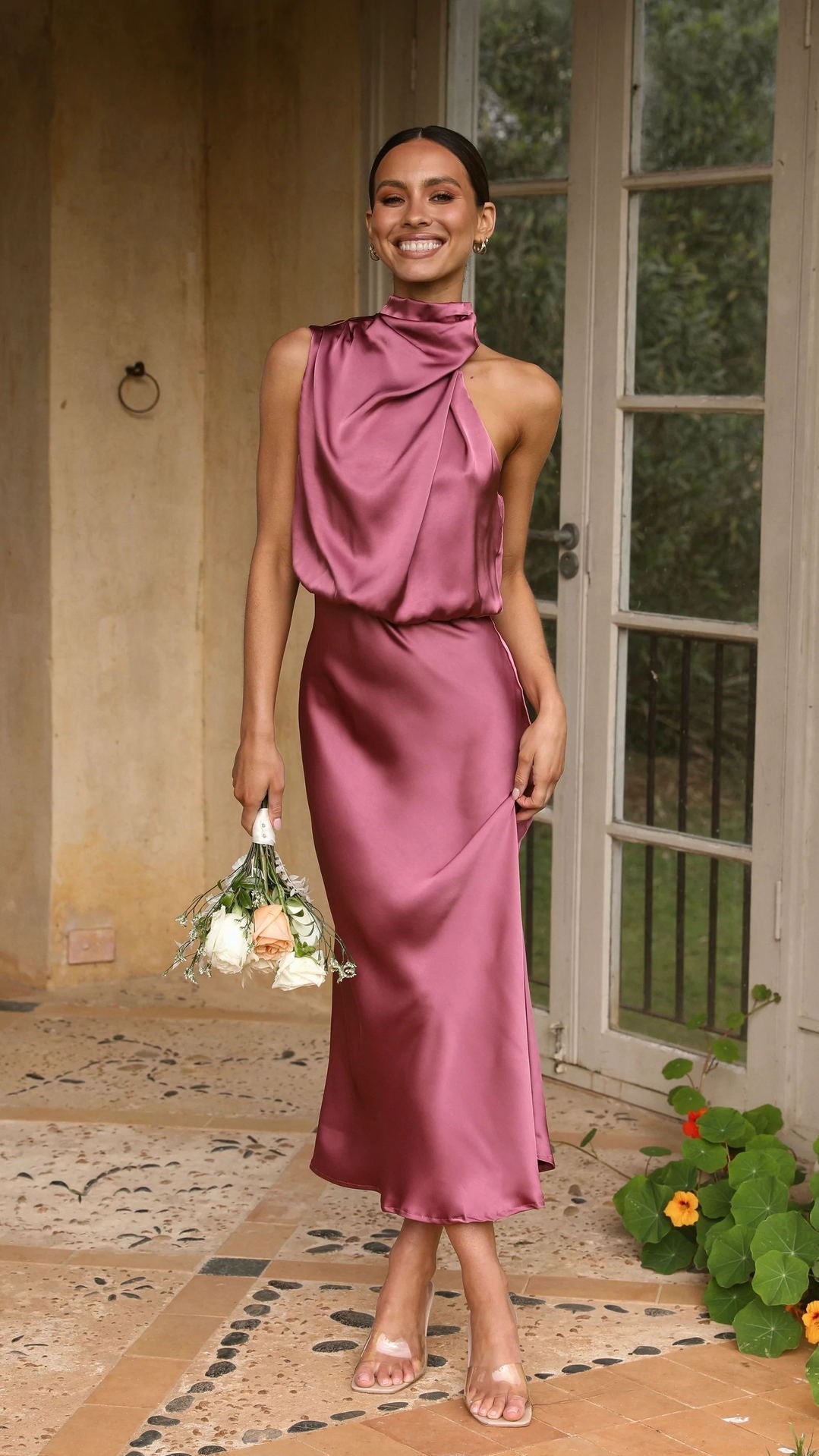 Satin Draped Halter Dress