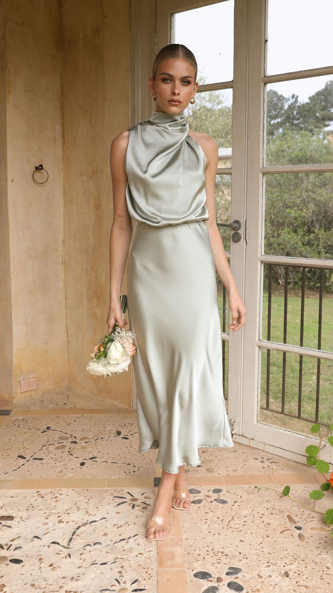 Satin Draped Halter Dress