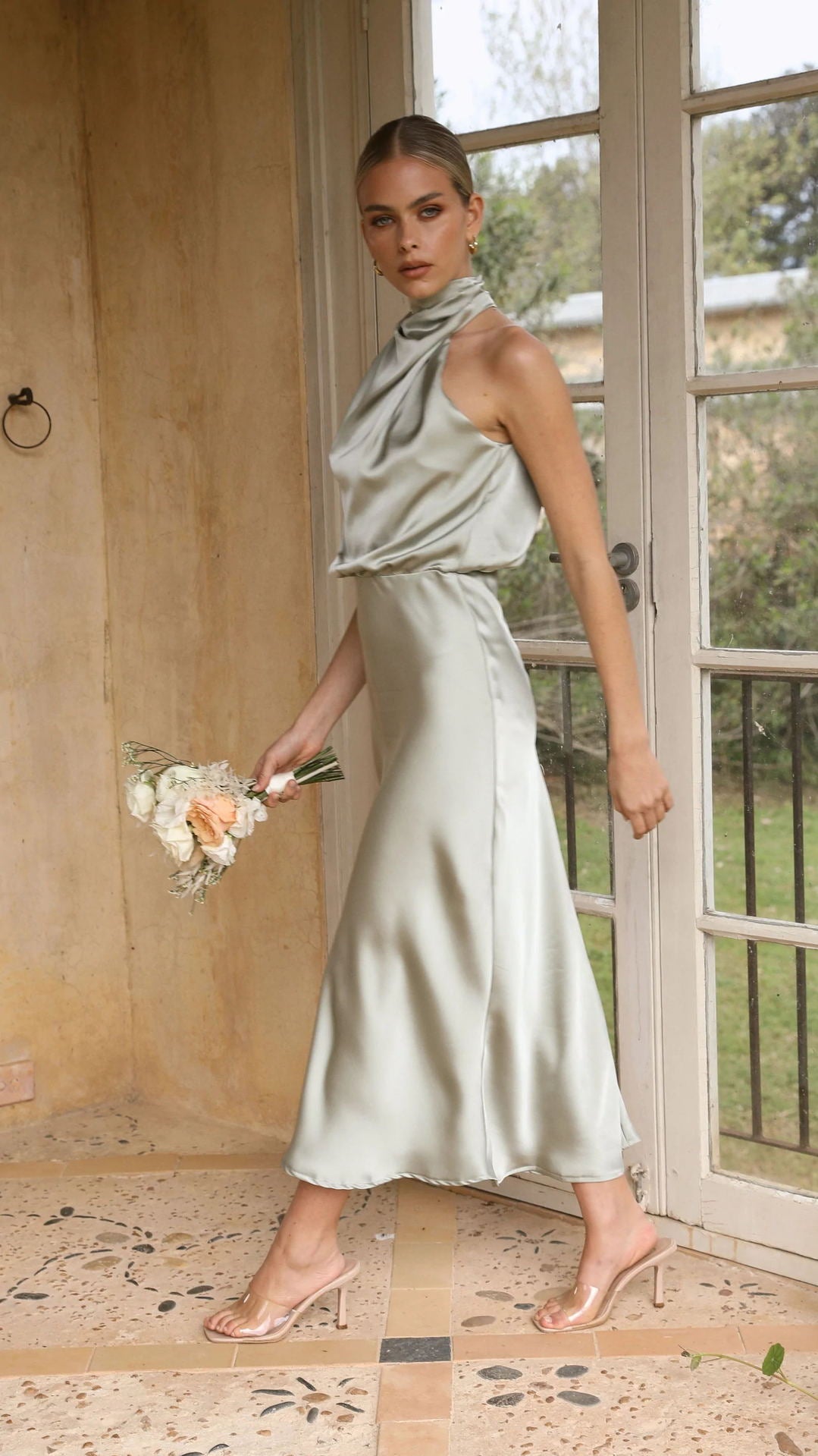 Satin Draped Halter Dress