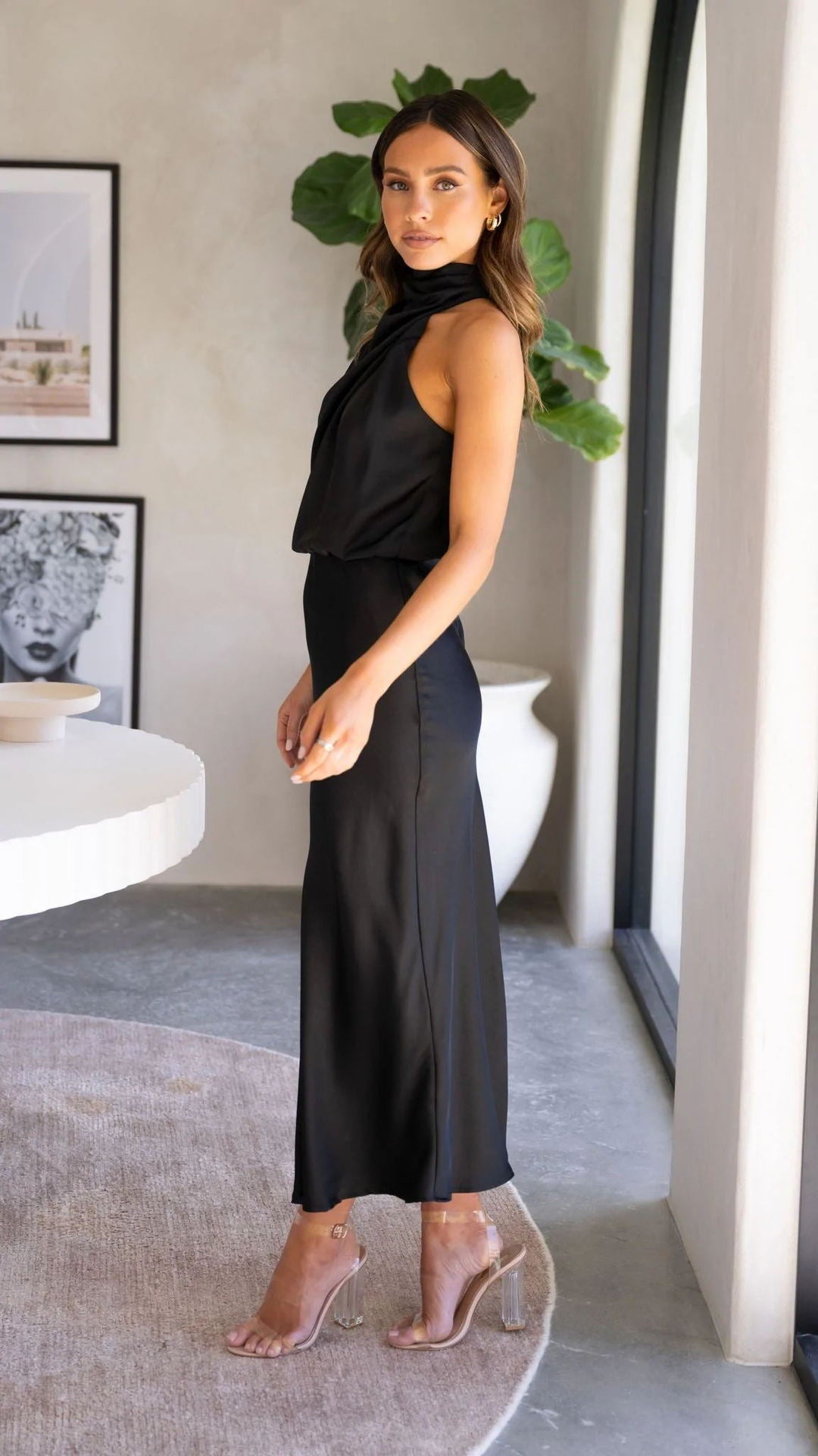 Satin Draped Halter Dress