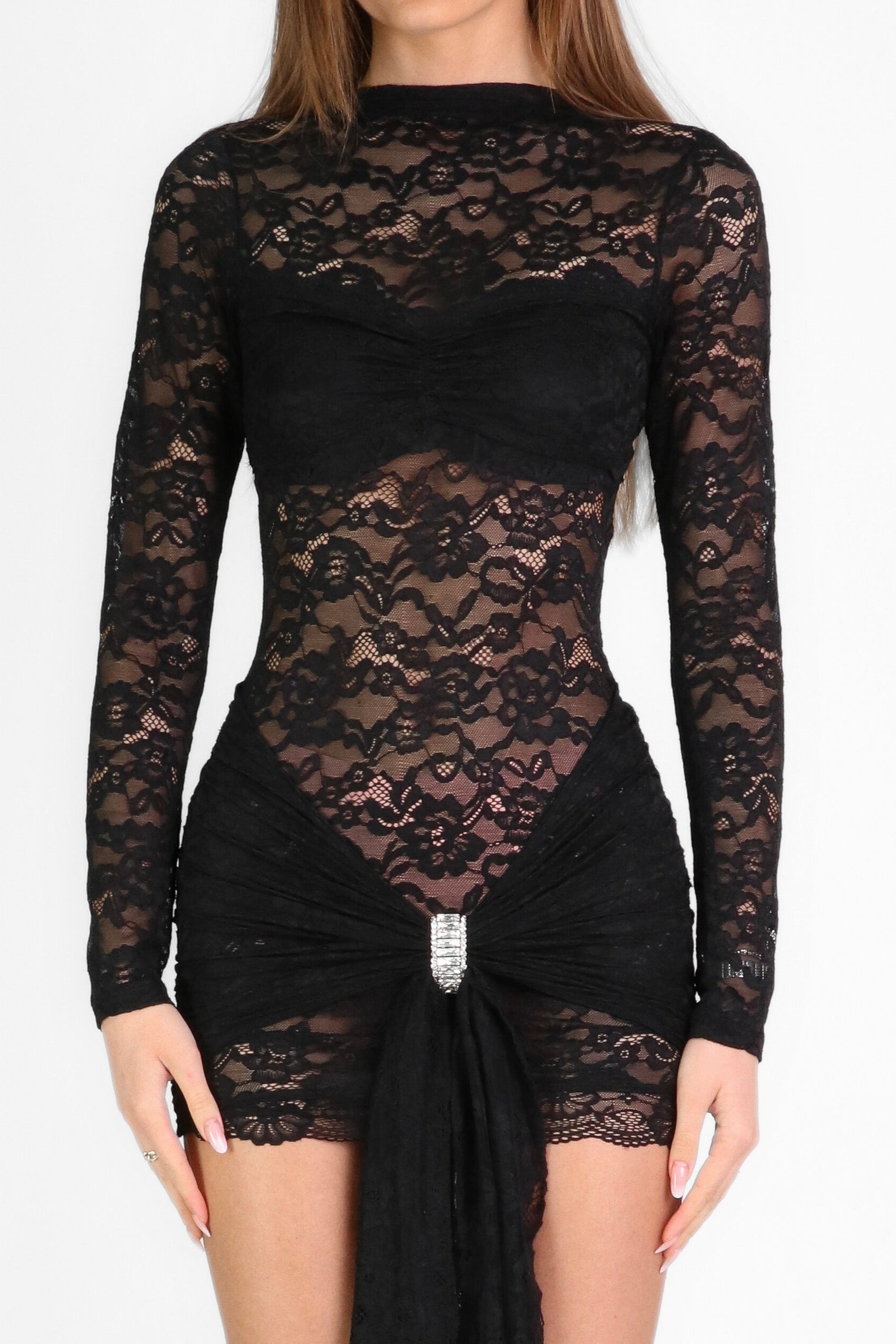 Sheer Lace Draped Mini Dress