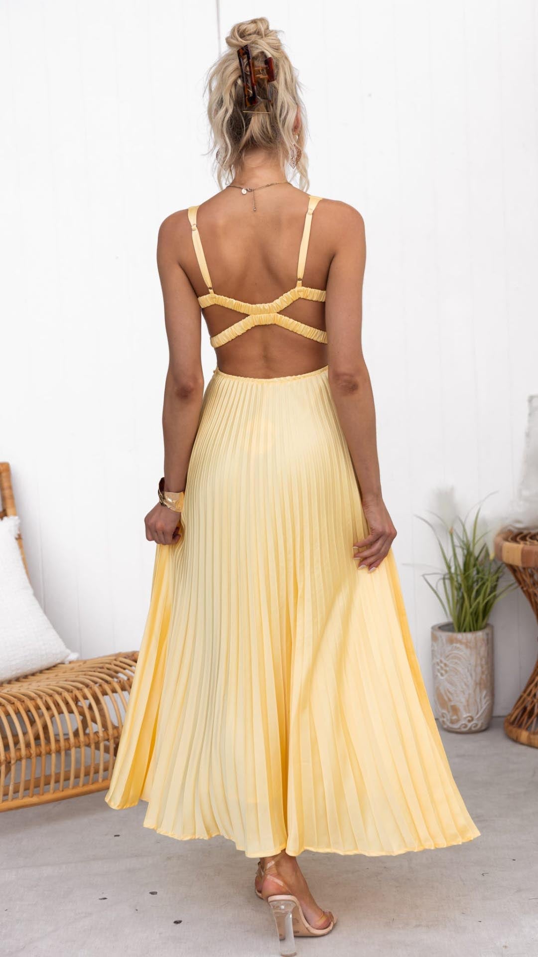 Sunshine Yellow Pleated Long Dress with Crossover Neckline