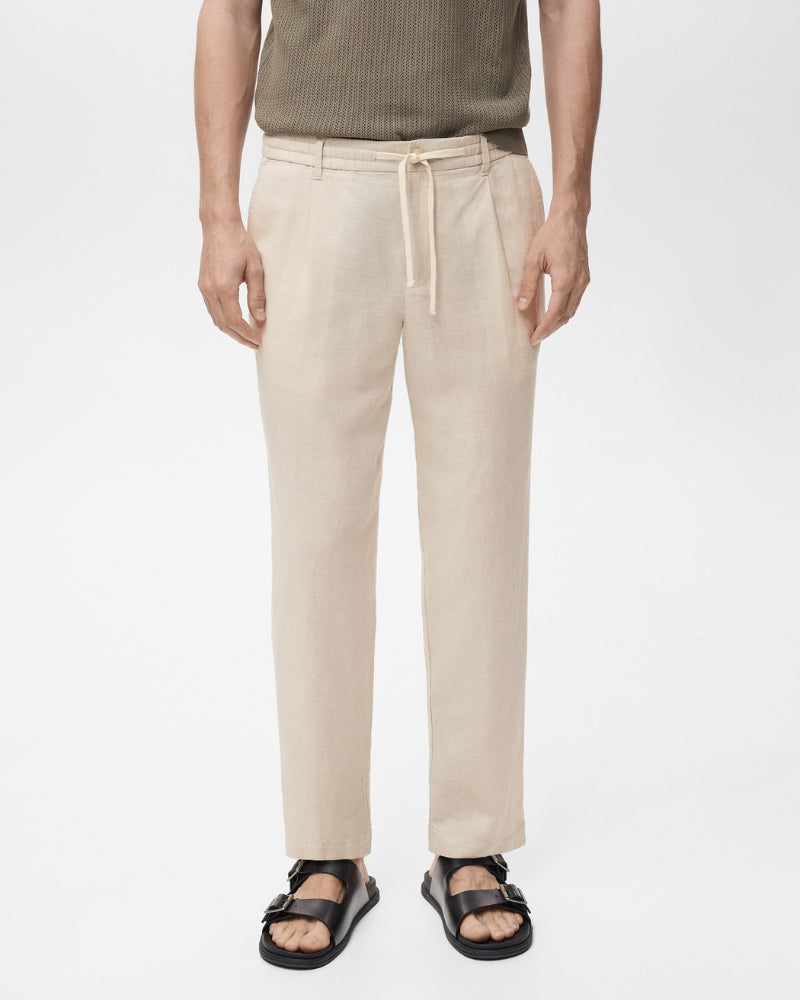 Cotton and Linen Blend Drawstring Pants - Beige
