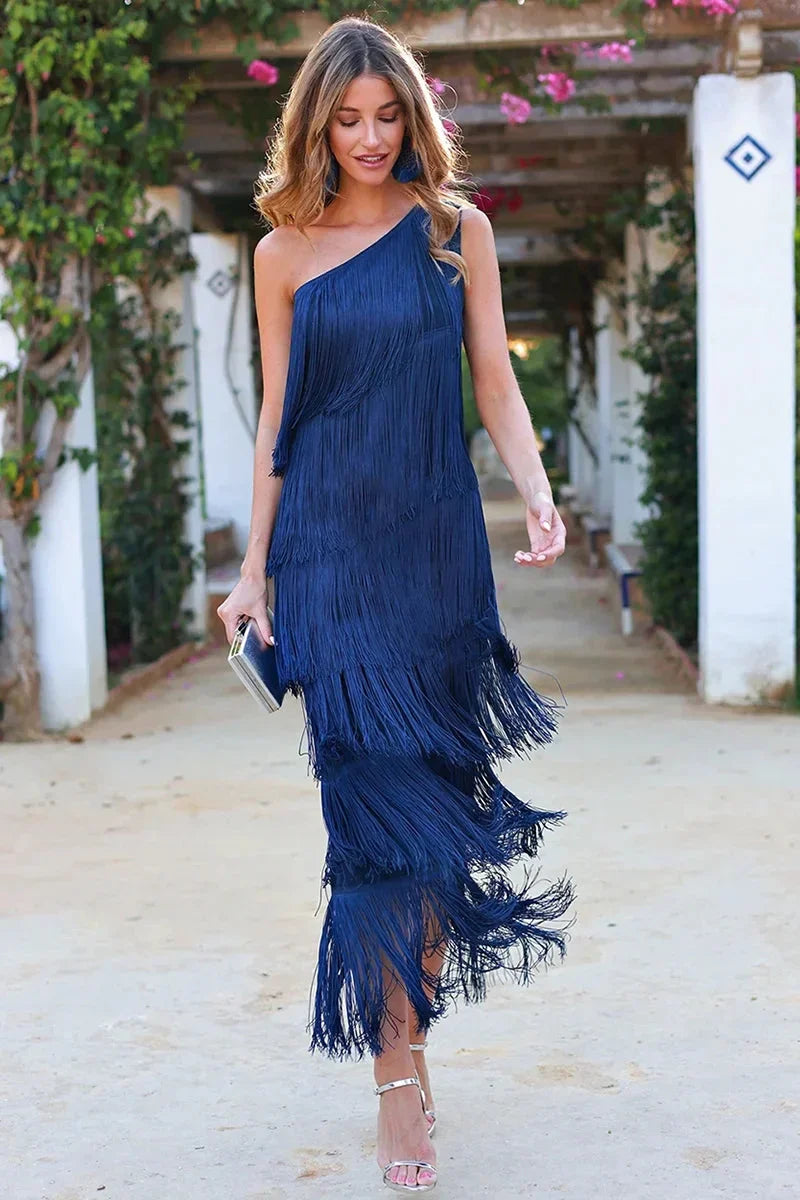 One-Shoulder Midi Dress with Fringe Detail