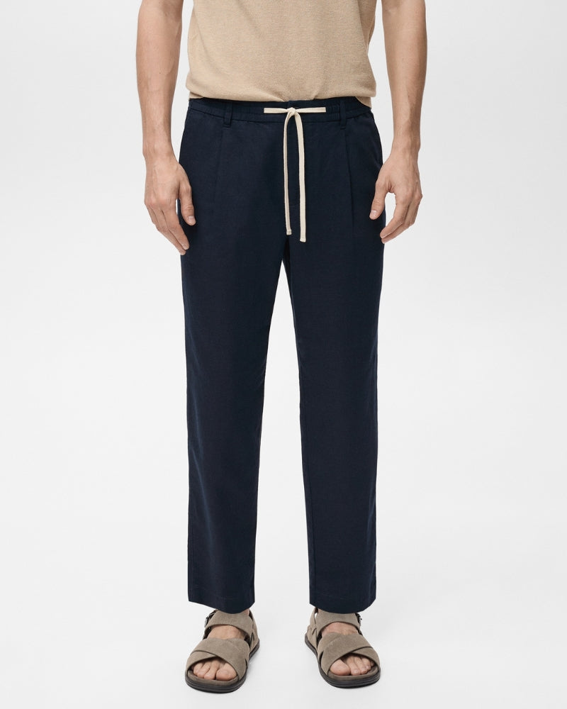 Lace-Up Pants in Cotton and Linen Blend - Navy Blue