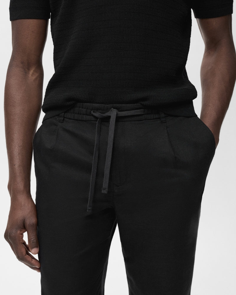 Linen and Cotton Blend Lace-Up Pants - Black