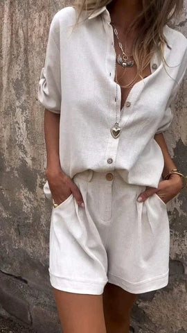 Relaxed Button-Up Shirt & High-Waist Shorts Set
