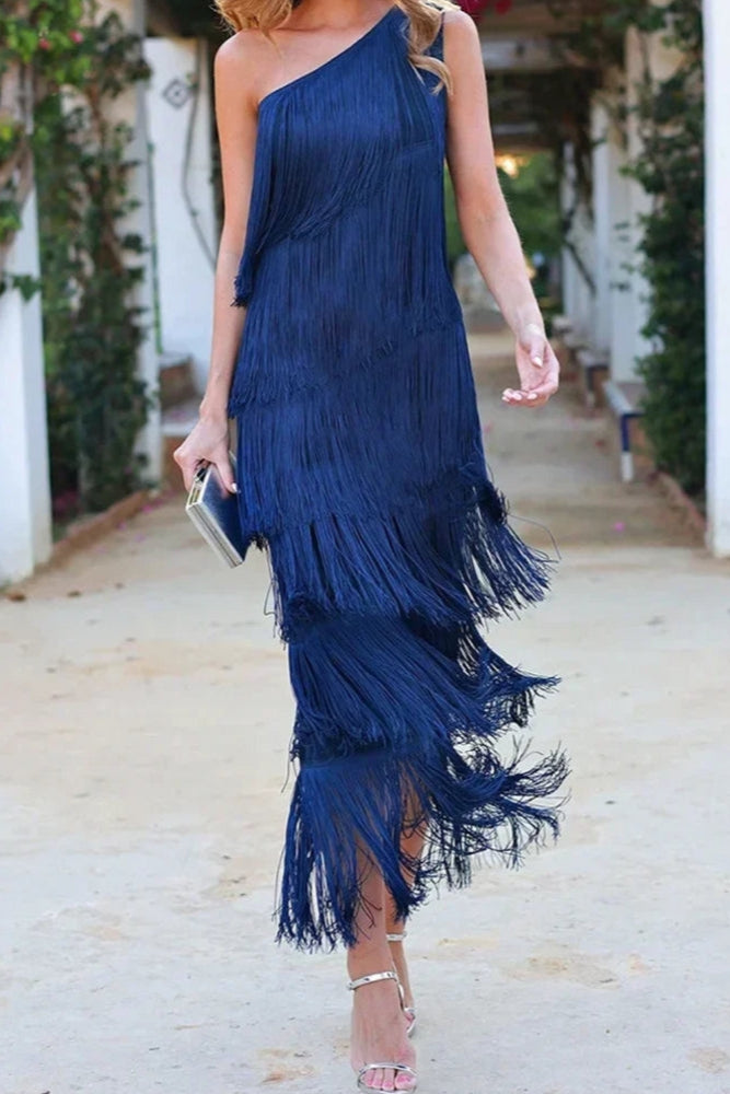 One-Shoulder Midi Dress with Fringe Detail