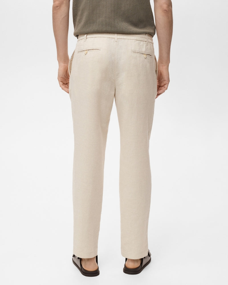 Cotton and Linen Blend Drawstring Pants - Beige
