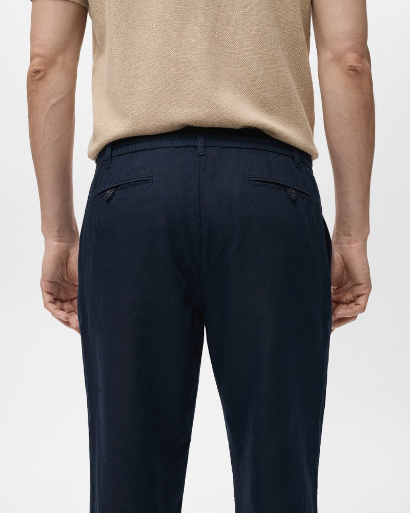 Lace-Up Pants in Cotton and Linen Blend - Navy Blue