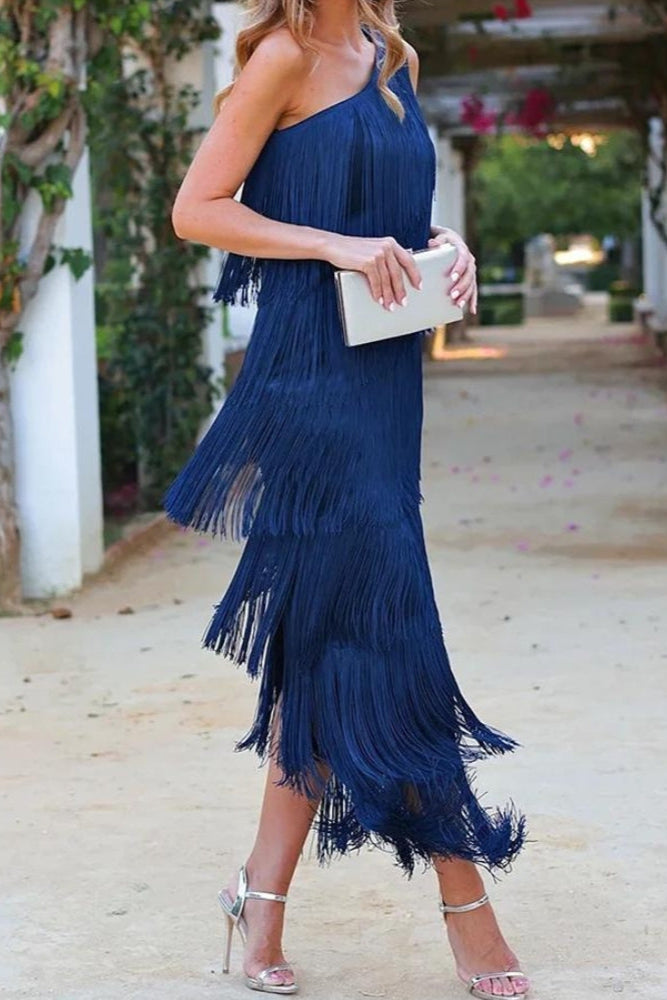 One-Shoulder Midi Dress with Fringe Detail