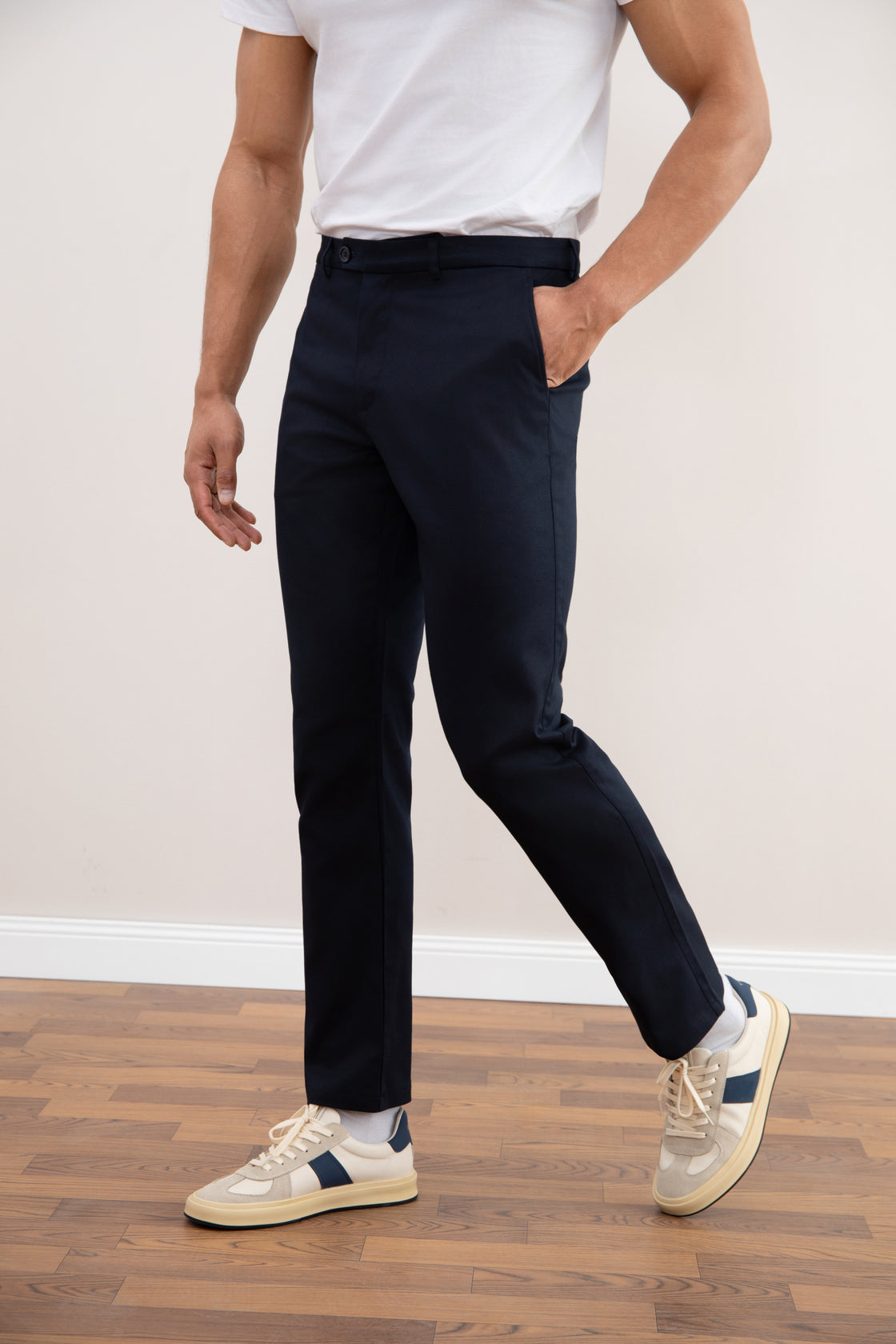 Navy blue elastic straight chinos