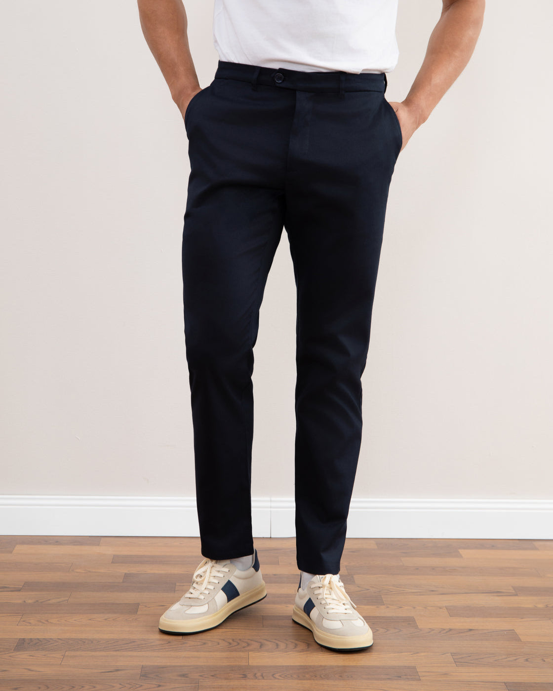 Navy blue elastic straight chinos