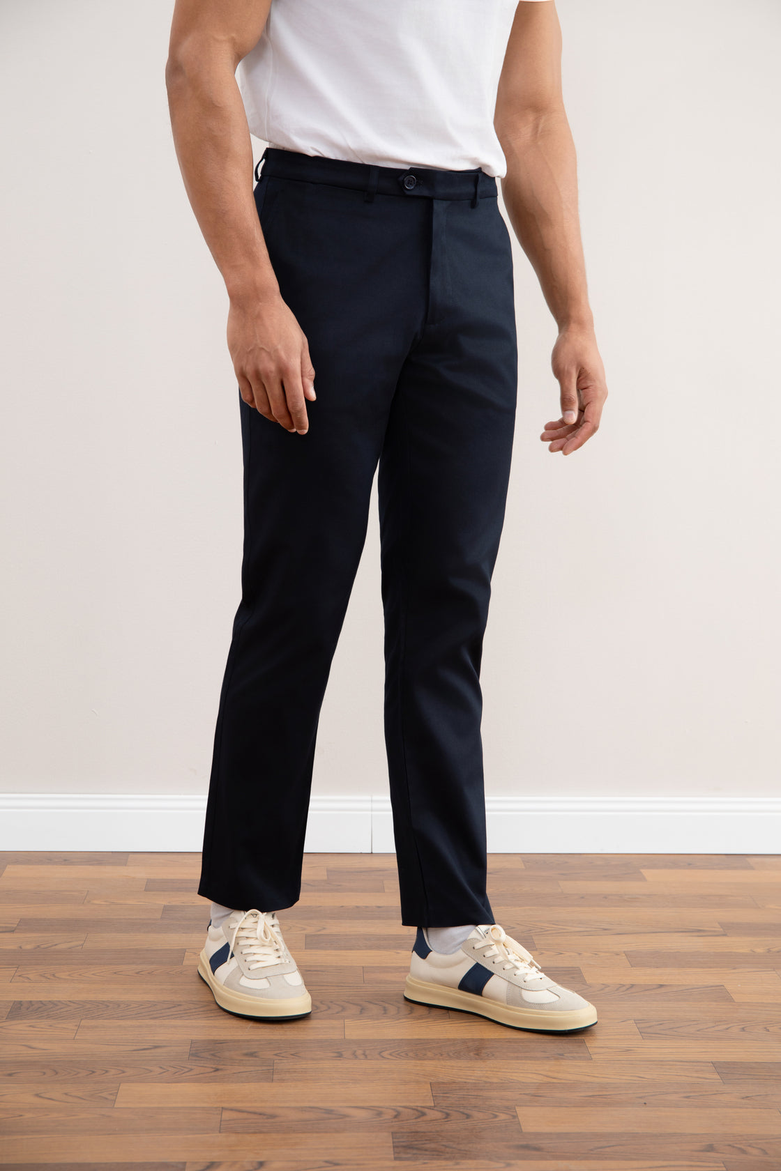 Navy blue elastic straight chinos