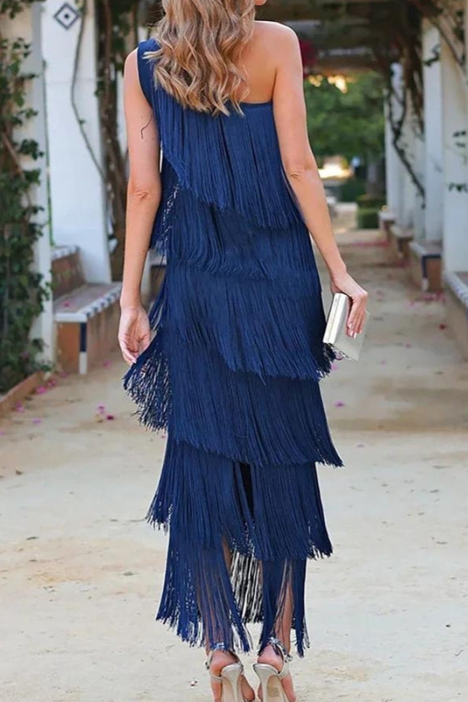 One-Shoulder Midi Dress with Fringe Detail