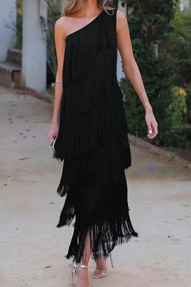 One-Shoulder Midi Dress with Fringe Detail