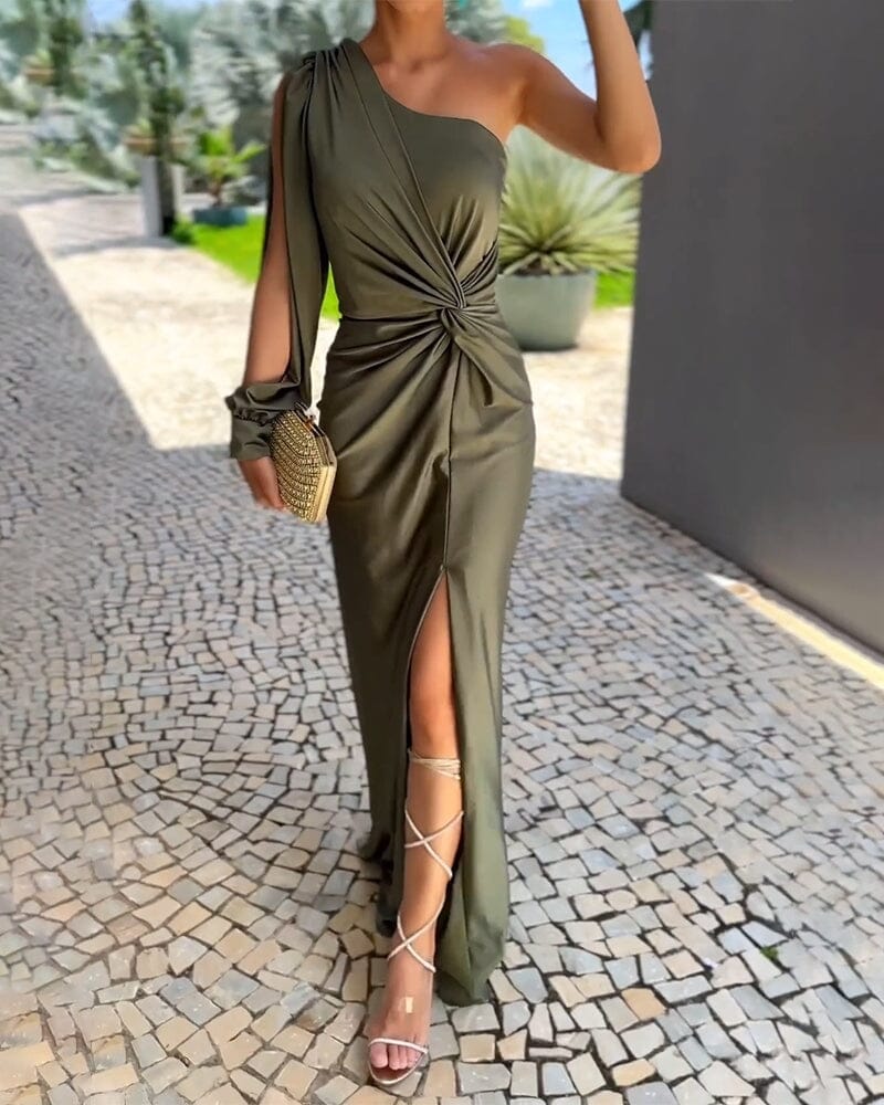 Draped One-Shoulder Satin Dress