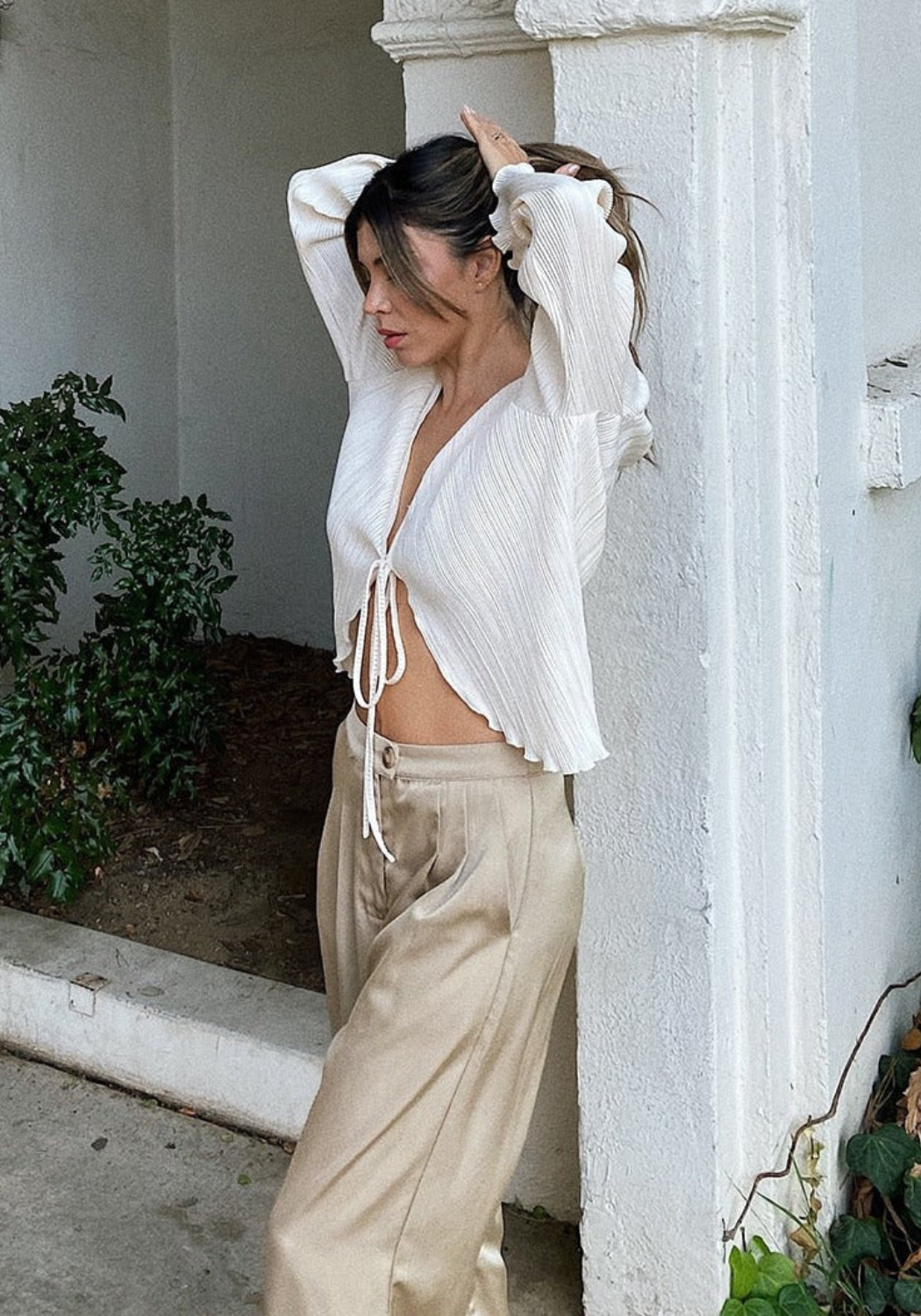 Pleated Tie-Front Blouse