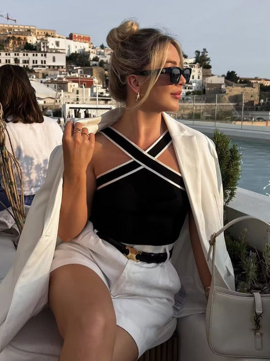 Contrast Trim Cross-Strap Knit Top