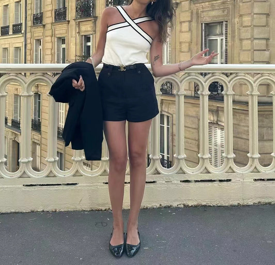 Contrast Trim Cross-Strap Knit Top
