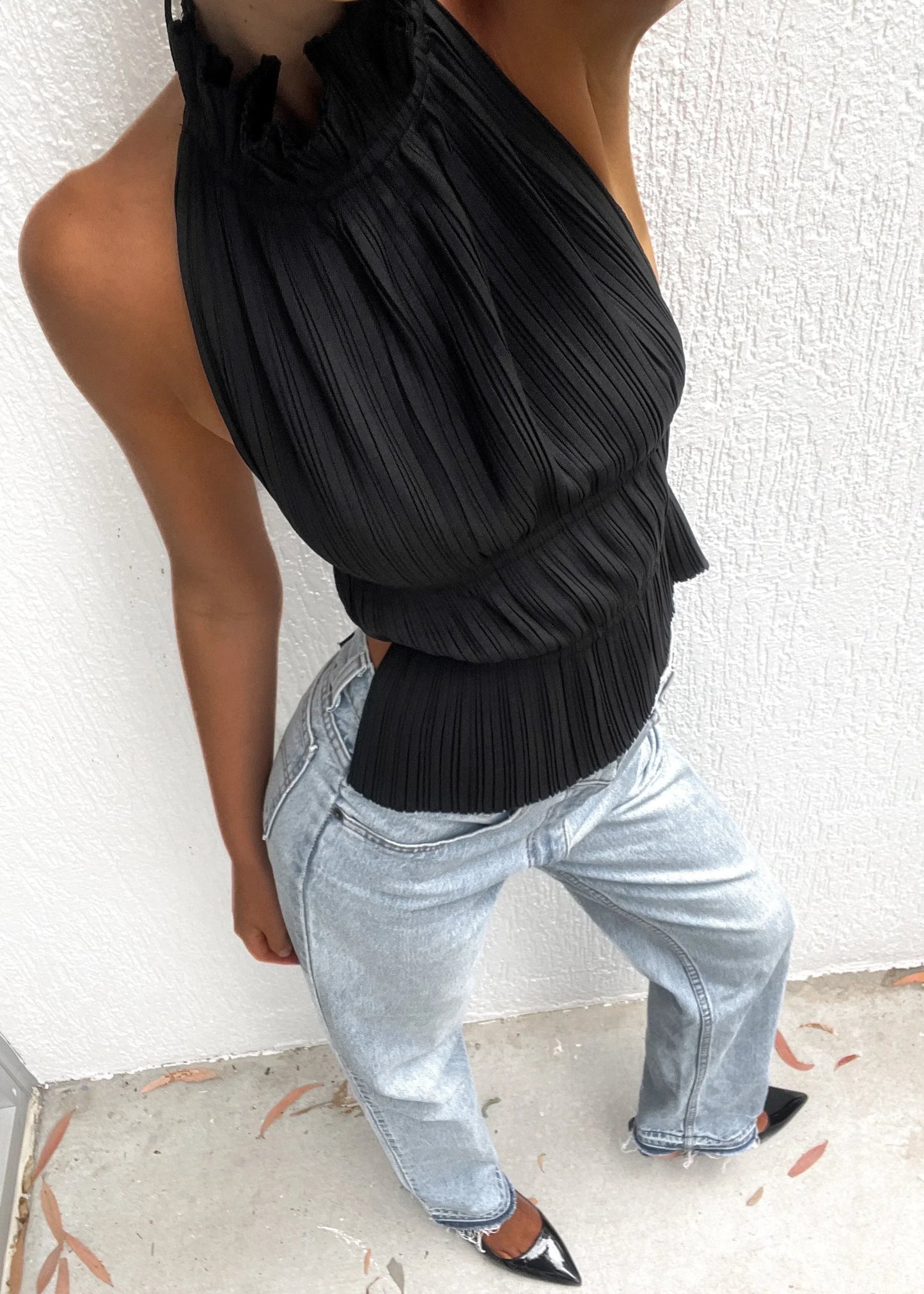 Pleated Halter Top with Open Back