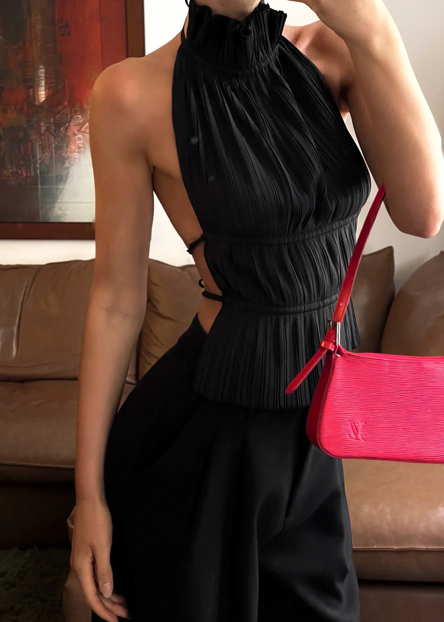 Pleated Halter Top with Open Back