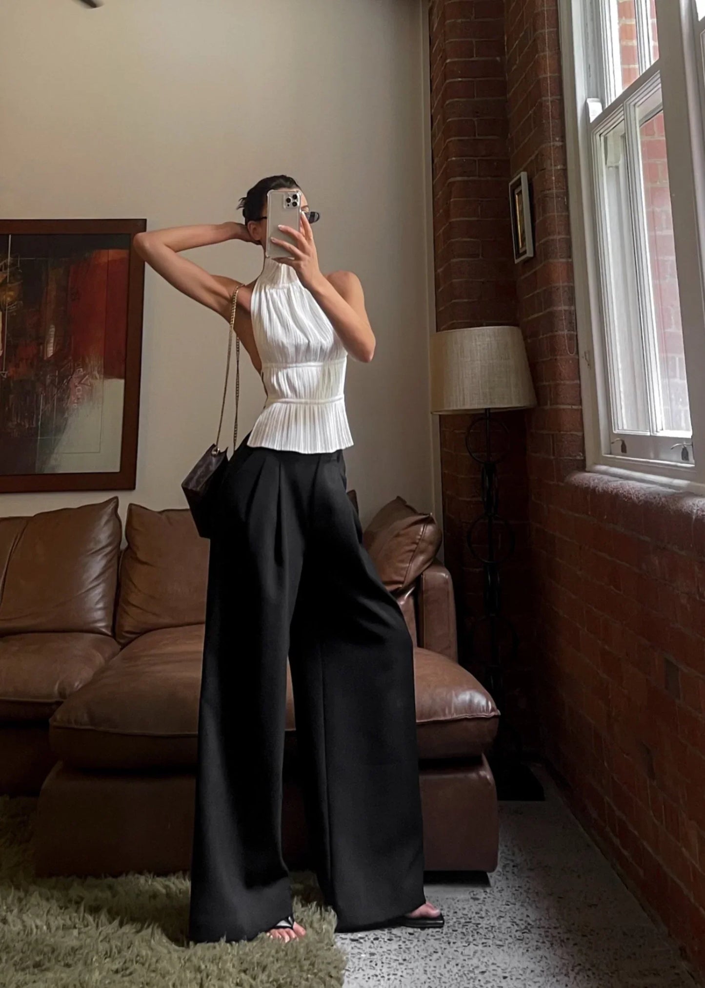 Pleated Halter Top with Open Back